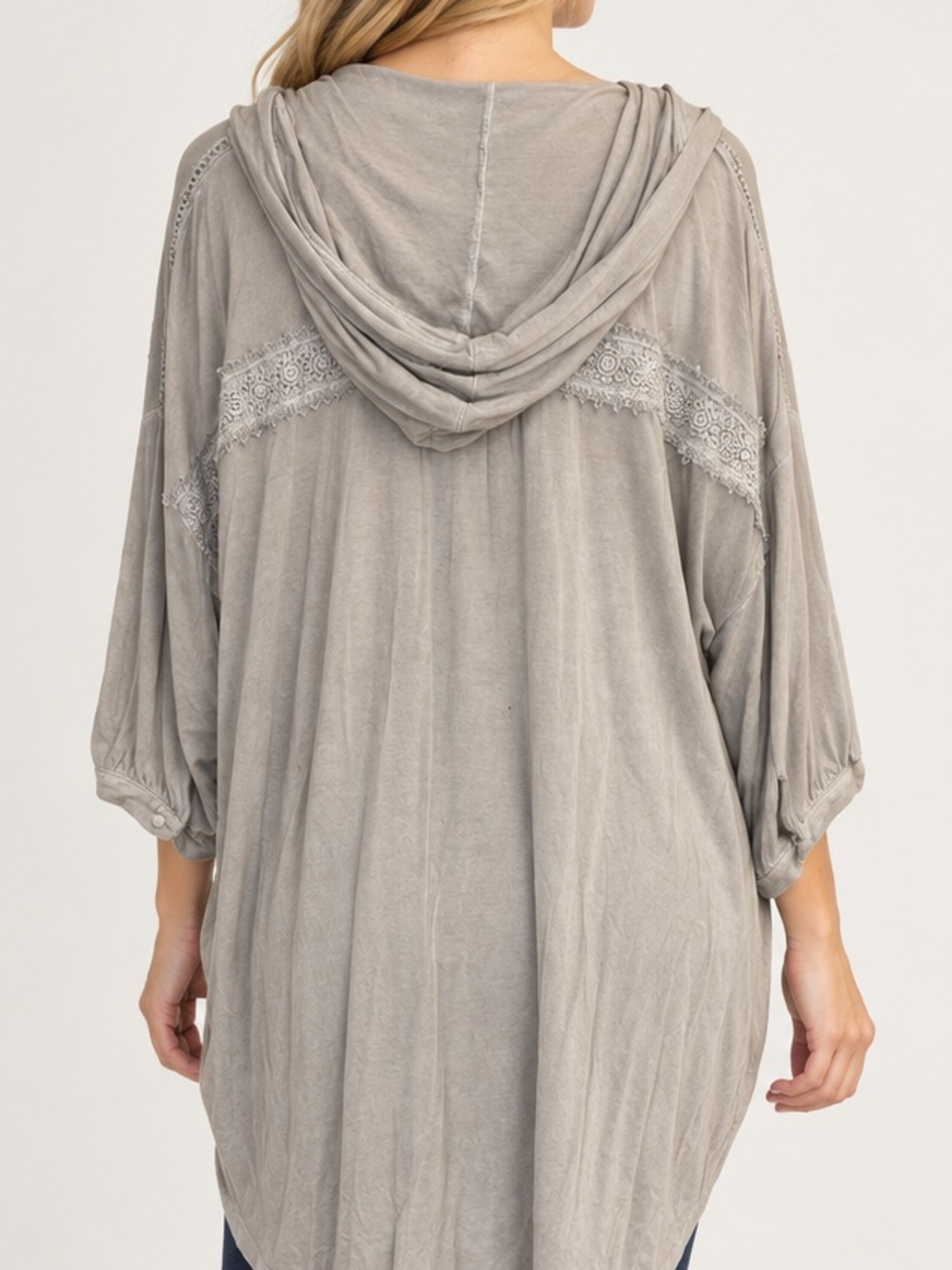 POL Hooded Tunic Top Gray Taupe Lace Back Button Front Boho Size M - Picture 11 of 11